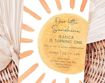 Editable Our Little Sunshine Birthday Invitation 1st Summer Sunshine Party Neutral Boho Digital Download Evite Template Printable 0431