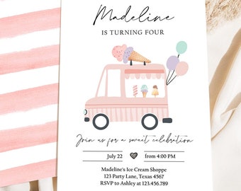 Editable Ice Cream Truck Birthday Invitation Ice Cream Truck Invite Modern Ice Cream Shoppe Van The Scoop Digital Template Printable 0415