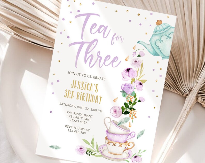 Editable Tea for Three Birthday Invitation Girl Tea Party Invite Pink Purple Floral Whimsical Download Printable Template