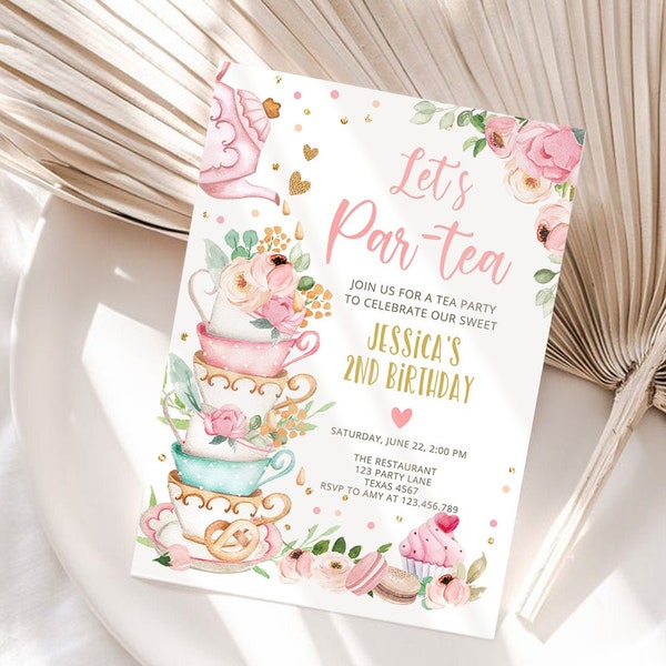 Editable Tea Party Birthday Invitation Girl Par-Tea Invite Floral Pink Gold Whimsical Tea Download Printable Template Corjl Digital 0349