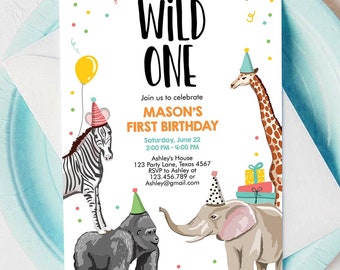 Editable Party Animals Birthday Invitation Wild One Animals Invitation 1st Zoo Safari Animals Boy Digital Download Template Printable 0142