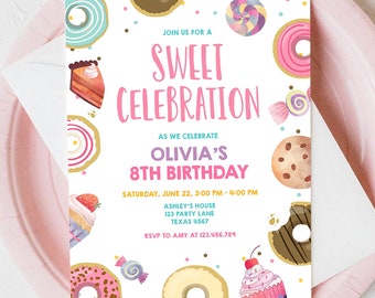 Editable Sweet Celebration Invitation Candy Birthday Invite Sweet Shoppe Donuts Girl Sweets Candy Download Evite Template Printable 0339