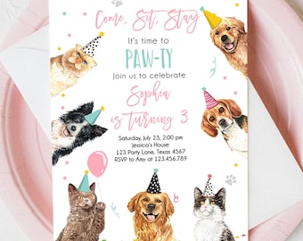 Editable Cats and Dogs Birthday Invitation Cat Dog Birthday Party Invite Girl Kitten Puppy Pawty Digital Evite Template Printable 384