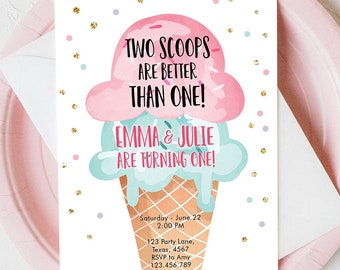 Editable Twin Ice Cream Birthday Invitation Joint First Birthday Two is Better Than One Pink Mint Gold Digital Template Printable 0243