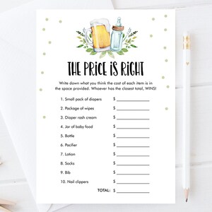 Editable The Price is Right Baby Shower Game Greenery Baby is Brewing Activity Gender Neutral Beer Bottle Digital Template Printable 0190
