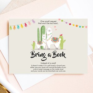 Editable Llama Bring a Book Card Llama Baby shower Book insert Books for baby Book Request Fiesta Cactus Digital Template Printable 0079