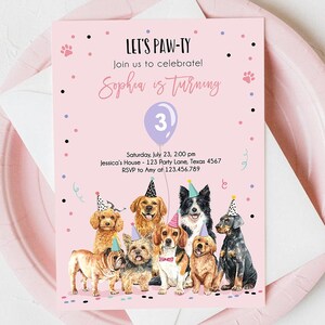 Editable Puppy Birthday Invitation Dogs Birthday Party Invite Pink Girl Watercolor Let&#39;s Pawty Dog Digital Download Template Printable 0384