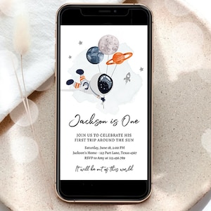 Editable Outer Space Birthday Evite Out of this World Astronaut Trip Around the Sun Digital Download Electronic Smartphone Template 0366