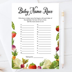 Juego de carrera de nombres de bebé editable para baby shower, frutas y verduras cultivadas localmente en el mercado, granero, nombres divertidos, plantilla digital imprimible 0144