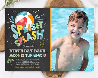 Invitación de cumpleaños editable con diseño de salpicaduras, fiesta en la piscina, pelota de playa, fiesta azul de verano, descarga digital, plantilla imprimible de Evite 0169