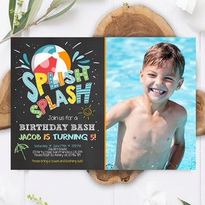 Editable Splish Splash Birthday Invitation Pool Party Boy Beach Ball Summer Blue Bash Digital Download Evite Template Printable 0169