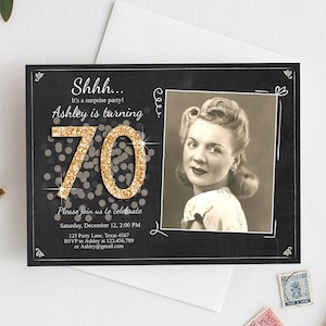 Editable ANY AGE Surprise Birthday Invitation Adult 70th Party Rustic Chalk Black Gold Glitter Photo Download Corjl Template Printable 0103