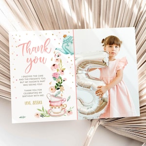 Bearbeitbare Teeparty-Dankeschön-Karte Blumentee Geburtstags-Babypartymädchen Rosa Tee-Geburtstagstee für zwei DRUCKBARE Download Corjl-Vorlage 0349