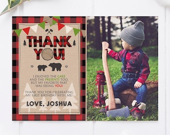 Editable Lumberjack Thank You Card Birthday Rustic Woodland Birthday Bear Forest Buffalo Plaid Winter Download Printable Template Corjl 0026