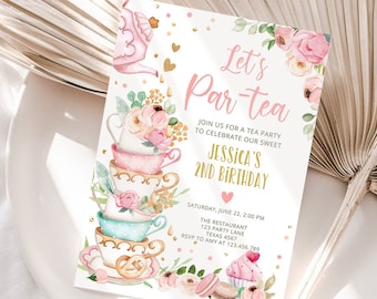 Editable Tea Party Birthday Invitation Girl Par-Tea Invite Floral Pink Gold Whimsical Tea Download Printable Template Corjl Digital 0349