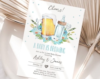 Editable A Baby is Brewing Invitation Bottle and Beers Baby Shower Boy Cheers Coed Couples Shower Download Printable Template Corjl  0190