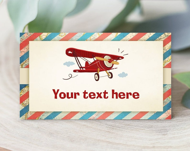 Editable Airplane Food Labels Vintage Airplane Birthday Party Place Card Tent Card Escort Boy Aircraft Plane Sky Red Corjl
