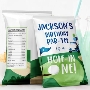 May include: A green and white chip bag with a golf-themed birthday party design. The bag features a golf cart, golf ball, and the text "Jackson's Birthday Par-Tee is a Hole-in-One!"