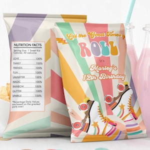 Bolsa de patatas fritas editable para fiesta de patines, decoración para fiesta de patinaje, plantilla digital imprimible para fiesta de cumpleaños de niña con patines y temática retro groovy 0435