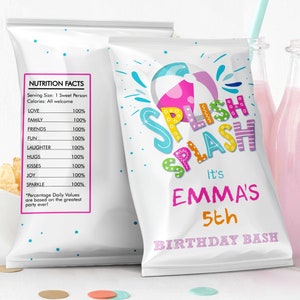 Editable Splish Splash Birthday Chip Bag Pool Party Decor Girl Summer Birthday Pink Party Snack Favors Digital Template Printable 0169