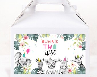 Editable Party Animals Gable Safari Animals 2nd Birthday Gift Box Labels Watercolor Two Wild Girl Pink Digital Template Printable 0322