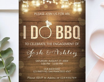 Editable I Do BBQ Invitation Couples Shower Invite Engagement Party Rustic Wood Lights Jars Digital Download Template Printable 0015