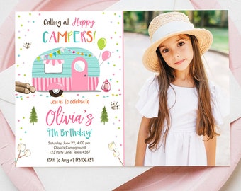 Editable Happy Camper Birthday Invitation Girl Pink Camping Party Pink Camper Glamping Digital Download Evite Template Printable 0342