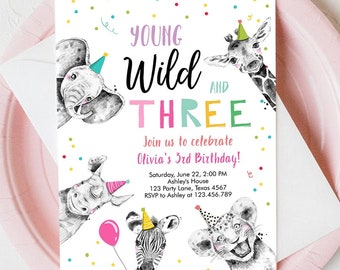 Editable Young Wild and Three Birthday Invitation Girl Pink and Gold Safari Party Animals Digital Download Evite Template Printable 0390
