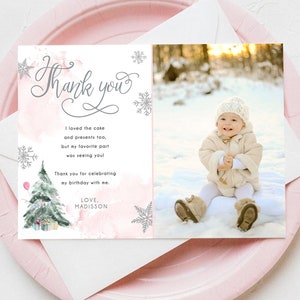 Editable Winter Tree Thank You Card Watercolor Birthday Winter Onederland Pink Girl Christmas Snow Snowflake Digital Template Printable 0363