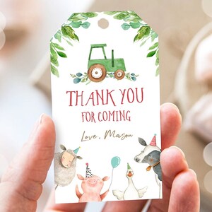 Editable Farm Favor Tags Tags Boy Farm Birthday Thank you tags Barnyard Gift Tags Green Tractor Digital Download Template Printable 0155