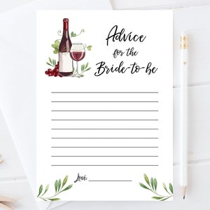 Bearbeitbarer Rat für die zukünftige Braut Karte Words of Wisdom Weintrauben Weinberg Duschspiel Weinflasche Glas Corjl Template Printable 0234