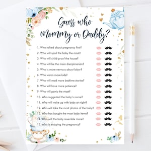 Editable Mommy or Daddy Baby Shower Game Guess Who Mom Dad Tea Party Baby is Brewing Game Shower Activity Digital Template Printable 0349