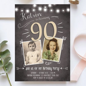 Bearbeitbare 90. Geburtstagseinladung ANY AGE Überraschungsparty Rustikaler Erwachsener Geburtstag Neunzig Foto Vintage Digitaler Download Vorlage Printable 0230