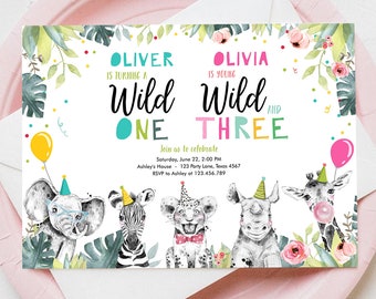 Editable Wild One Young Wild and Three Birthday Invitation Party Animals Boy Girl First Third 1st 3rd Safari Joint Digital Template 0322