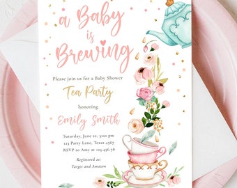 Editable Tea Party Baby Shower Invitation Tea Shower Sprinkle Floral Pink Gold Blush Brunch Bubbly Digital Evite Template Printable 0349