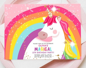 Faire-part d'anniversaire modifiable Licorne arc-en-ciel magique Party Girl or rose Evite en téléchargement numérique modèle imprimable 0323