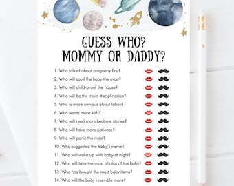 Editable Mommy or Daddy Baby Shower Game Guess Who Outer Space Planets Houston We Have a Boy Rocket Activity Digital Template Printable 0357