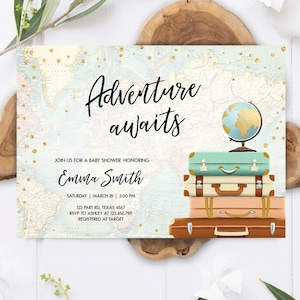 Bearbeitbares Abenteuer Erwartet Babyparty Einladung Sprinkle Gold Konfetti Koffer Globus Reise Digitale Vorlage Printable 0263