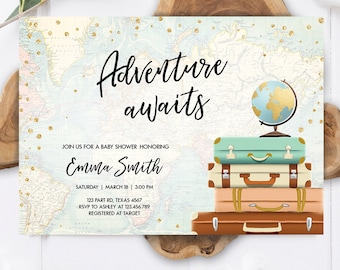 Editable Adventure Awaits Baby Shower Invitation Sprinkle Gold Confetti Suitcases Globe Travel Around World Digital Template Printable 0263