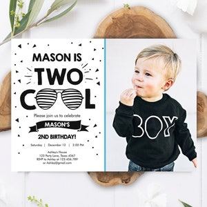 Editable Two Cool Birthday Invitation Boy Second Party 2nd I&#39;m this Many I&#39;m Two Cool Sunglasses Palm Digital Template Printable 0136