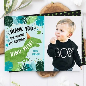Bewerkbare dinosaurus bedankkaart feestvarken zwart groen goud Dino partij T-Rex foto digitale download Evite sjabloon afdrukbare 0389