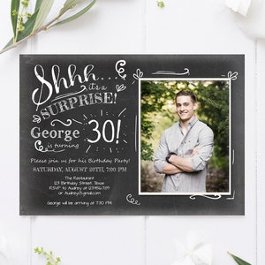 Editable ANY AGE Surprise Birthday Invitation Chalk Rustic Adult 30th Thirty Vintage Party Photo Shhh Download Printable Corjl Template 0102 image 1