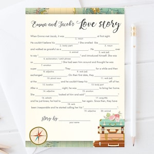 Editable Love Story Bridal Shower Game Travel Funny Game Wedding Shower Activity Suitcases Vintage Map Party Corjl Template Printable 0044
