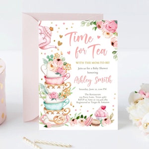 Bearbeitbare Zeit für Tee-Babyparty-Einladung Tee-Party-Spritzen-Dusche-Blumen-Rosa-Gold-erröten Baby braut Corjl-Vorlage druckbare 0349