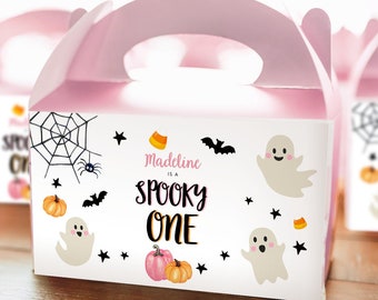 Editable Pink Halloween Gable Box Favor Label Halloween Gift Box Label Spooky One Pink Ghost 1st Birthday Download Template Printable 0418