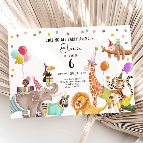Bearbeitbar Calling All Party Animals Geburtstagseinladung Wild One Dschungel Zoo Safari Tiere Junge Mädchen Digitale Evite Template Printable 0482