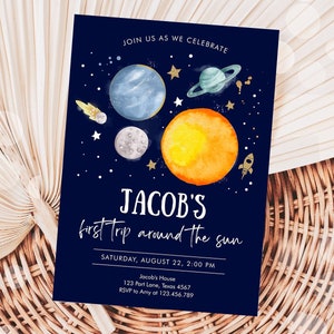 Editable Outer Space First Birthday Invitation Galaxy Blast Off First Trip Around the Sun Digital Download Template Printable 0357