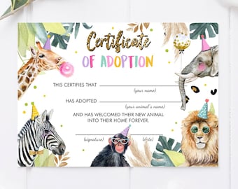 Adopt an Animal Adoption Certificate Safari Animals Adoption Wild One Birthday Party Animals Birthday Girl Download Digital PRINTABLE 0417