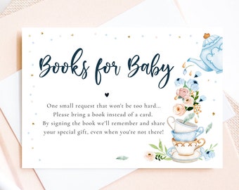 Tarjeta editable para traer un libro "Bebé está preparando", inserto de libro para fiesta de té de baby shower, libros para bebé niño, plantilla imprimible de Corjl de solicitud azul 0349