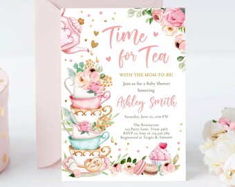 Editable Time For Tea Baby Shower Invitation Tea Party Sprinkle Shower Floral Pink Gold Blush Baby is Brewing Corjl Template Printable 0349